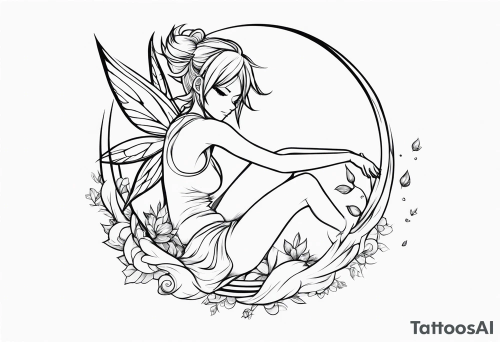 No color fairy with a tail inspired by the logo of the anime show called Fairy Tail in a fetal position leaning in and forward while in the air floating and sleeping tattoo idea