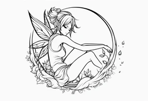 No color fairy with a tail inspired by the logo of the anime show called Fairy Tail in a fetal position leaning in and forward while in the air floating and sleeping tattoo idea