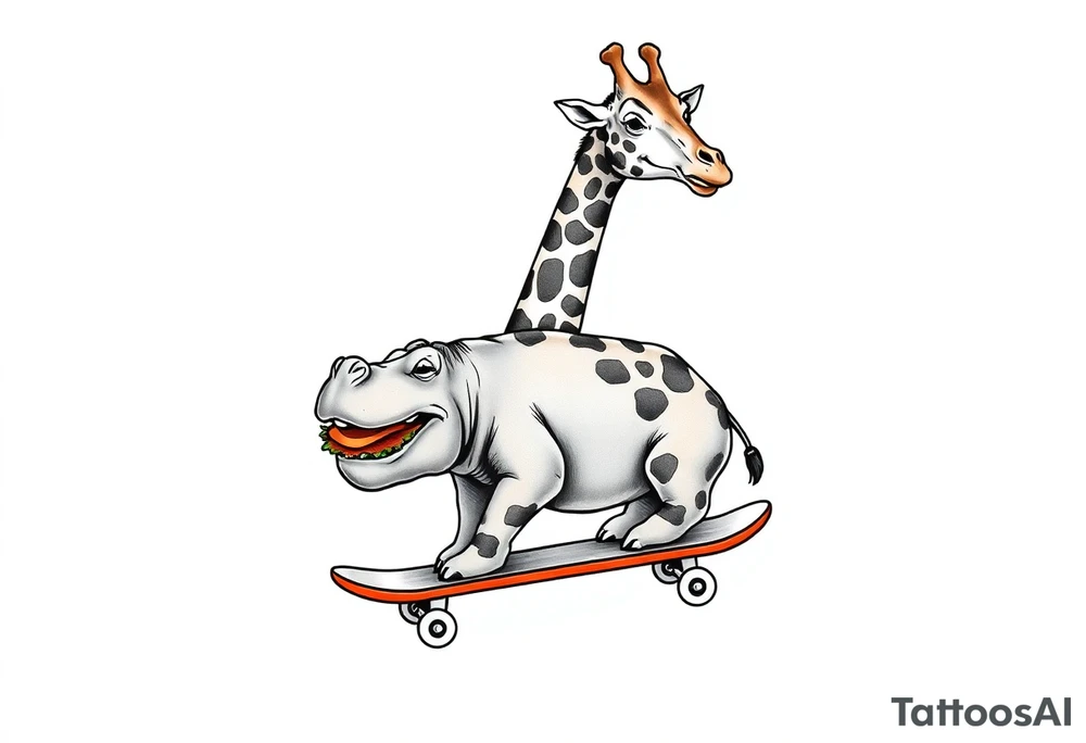 Majestic giraffe riding a skateboard and eating a hippo sandwich tattoo idea