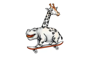 Majestic giraffe riding a skateboard and eating a hippo sandwich tattoo idea