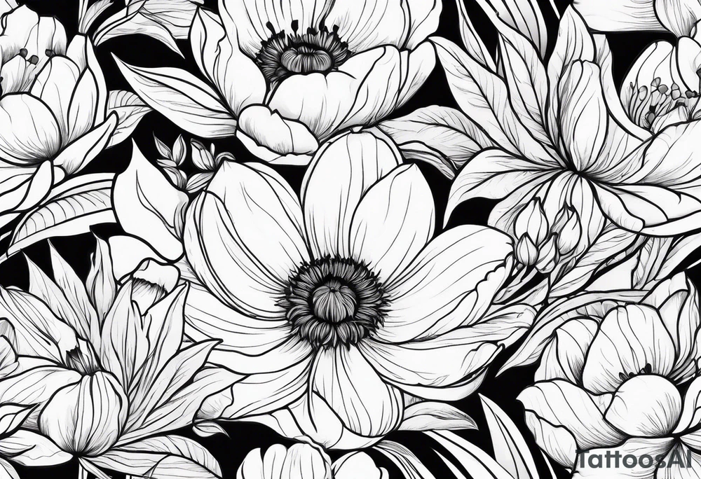 Simple Floral design cherry blossom, peony, sunflower, tulip, lily tattoo idea