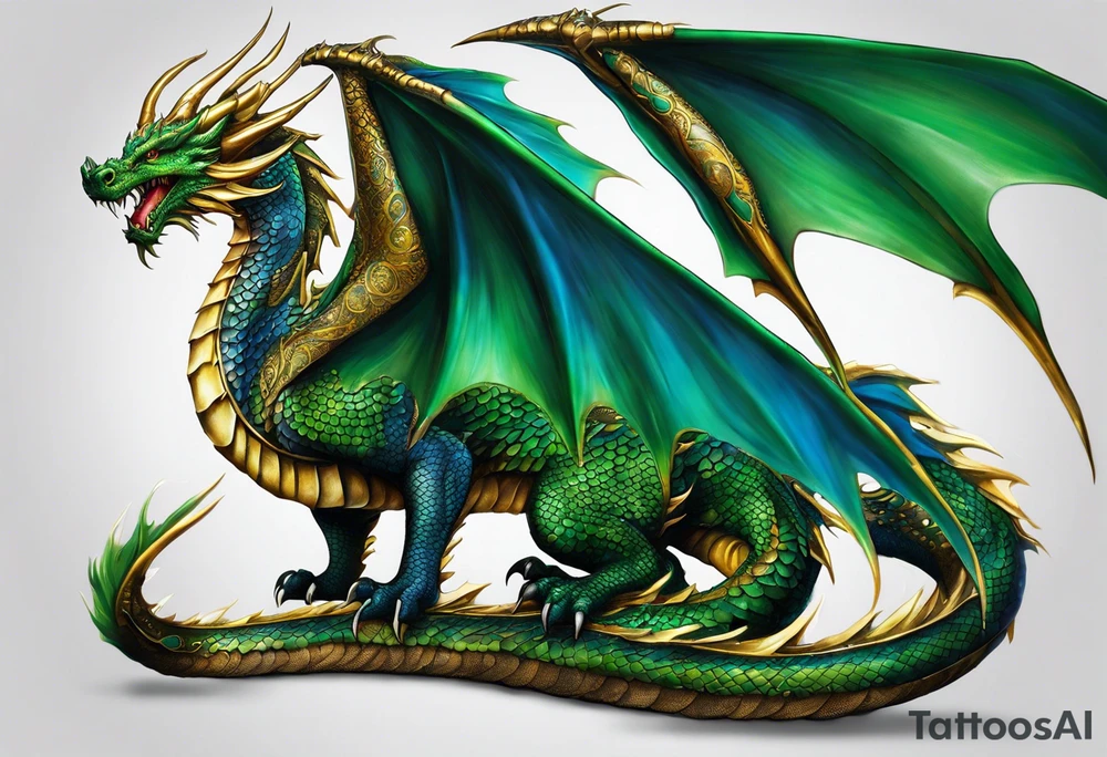 An epic dragon, its body coiling dynamically, with scales and horns detailed to create a sense of movement and strength. The dragon features accents in green, blue, and gold, giving a vibrant depth and a mystical aura. This tattoo highlights the dragon’s fierce expression and sharp claws as it wraps protectively around the leg. Style: Realism tattoo idea