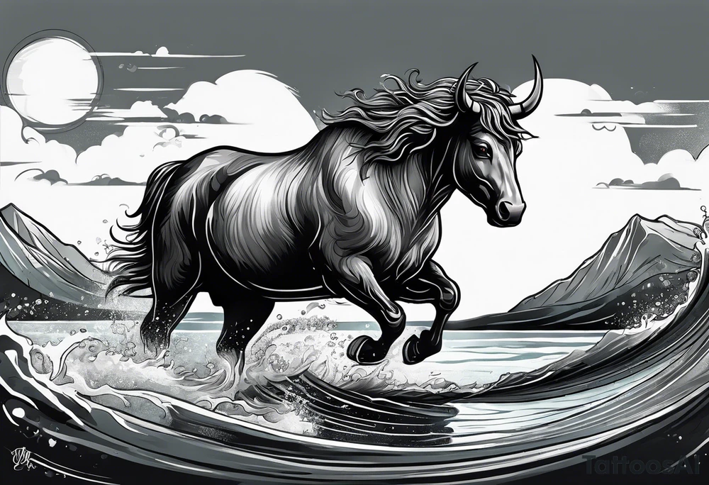 Nessie is being ridden like a horse by a highland cow tattoo idea
