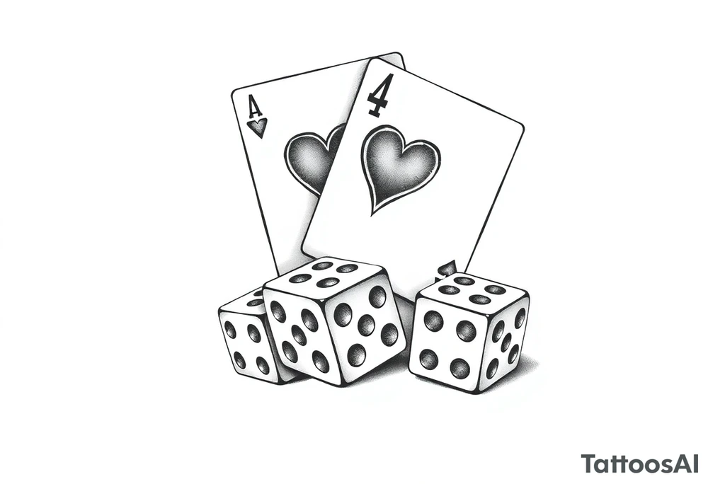 2 of hearts and 4 of hearts playing cards on top of two dices tattoo idea