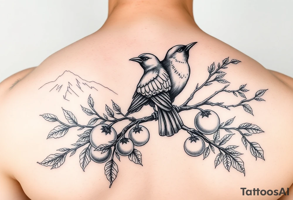 bird on persimmon tree with lots of branches and fruits with mountains in background tattoo idea