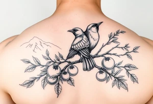 bird on persimmon tree with lots of branches and fruits with mountains in background tattoo idea