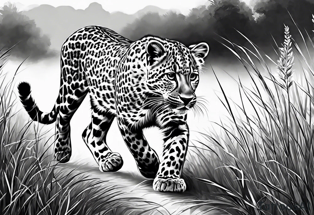 baby leopard walking straight with gras in the background tattoo idea