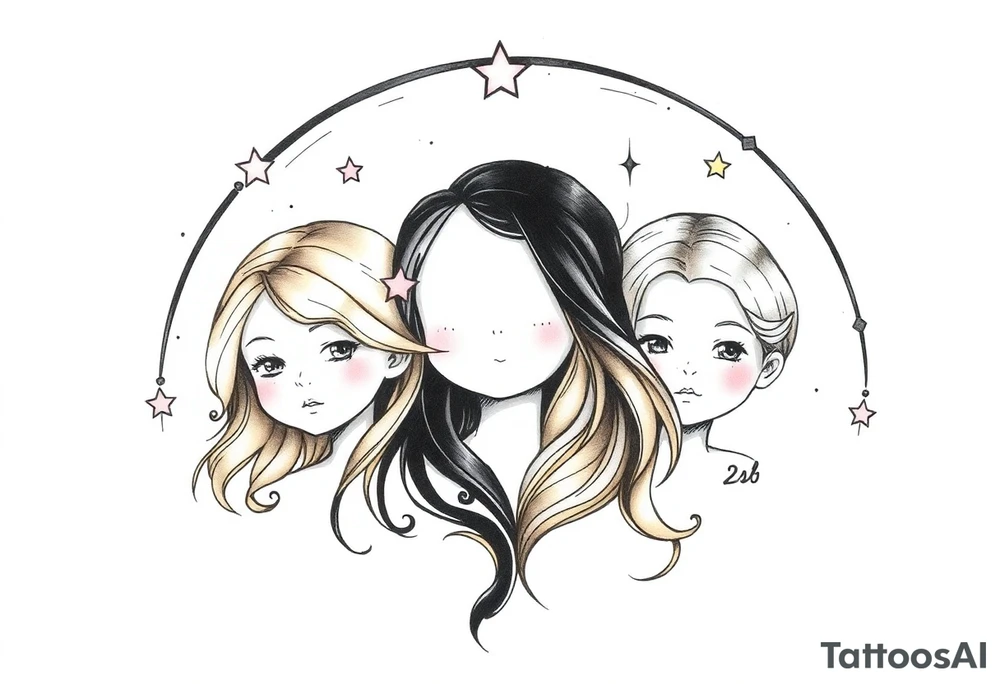 3 petites filles ( une cheveux noir et deux blondes)
sous un arc en ciel pas complet tattoo idea