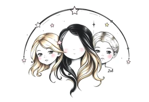 3 petites filles ( une cheveux noir et deux blondes)
sous un arc en ciel pas complet tattoo idea