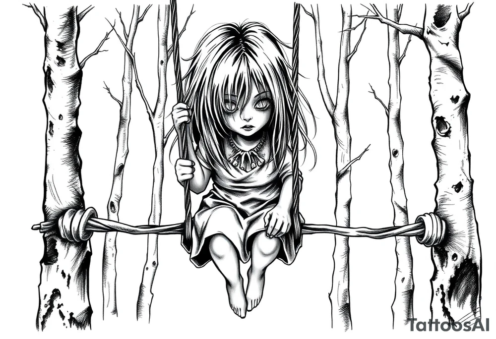 creepy grudge style little girl with hair covering her face in the woods on a rope swing tattoo idea