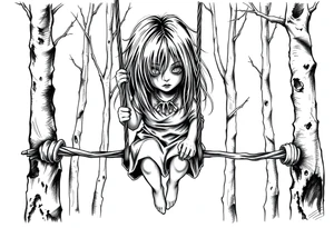 creepy grudge style little girl with hair covering her face in the woods on a rope swing tattoo idea