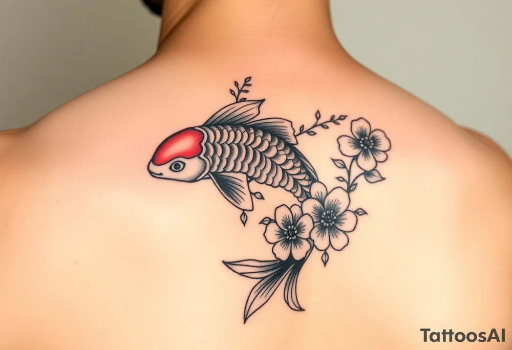 I want the tattoo starting at my collar bone, and I want it to go down my arm, but doesn’t go past my elbow. I want my middle name, Sané” on my collarbone area and I want the red and black koi fish too on my shoulder area. And I want flowers that represent healing, happiness, and peace and purity. tattoo idea