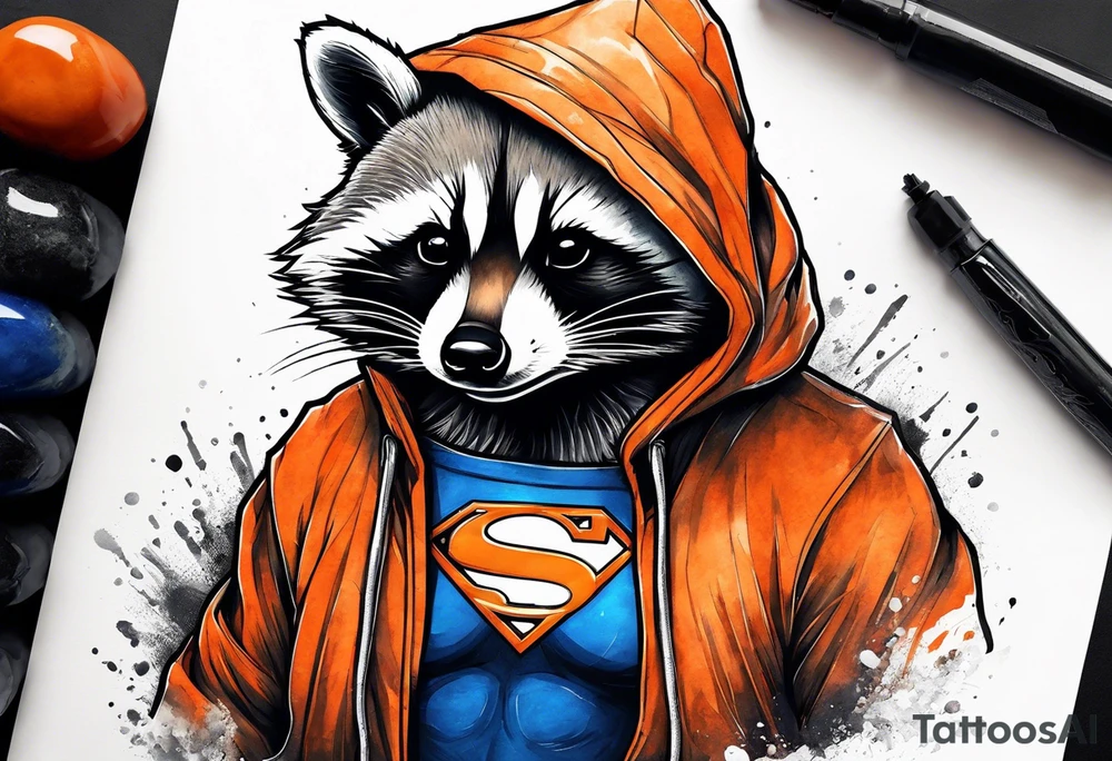 Raccoon wearing an orange Superman hoodie tattoo idea