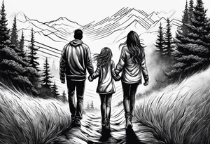 big brother with two sisters holding hands walking up hill through storm, line drawing tattoo idea