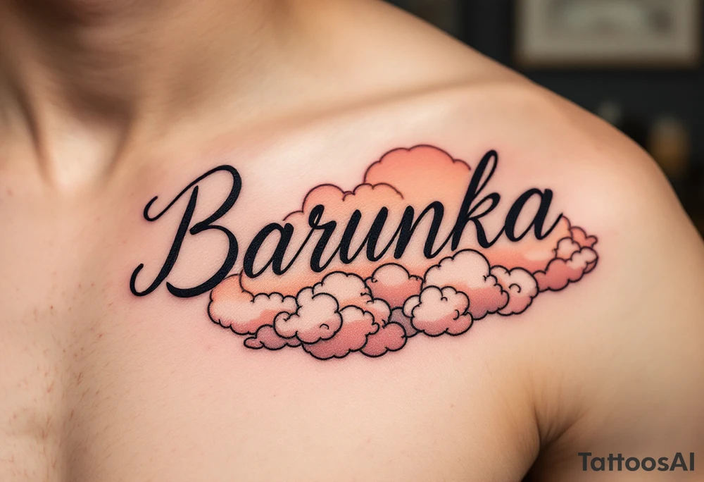 Barunka written in soft cursive, resting on peach-toned clouds. tattoo idea