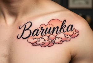 Barunka written in soft cursive, resting on peach-toned clouds. tattoo idea