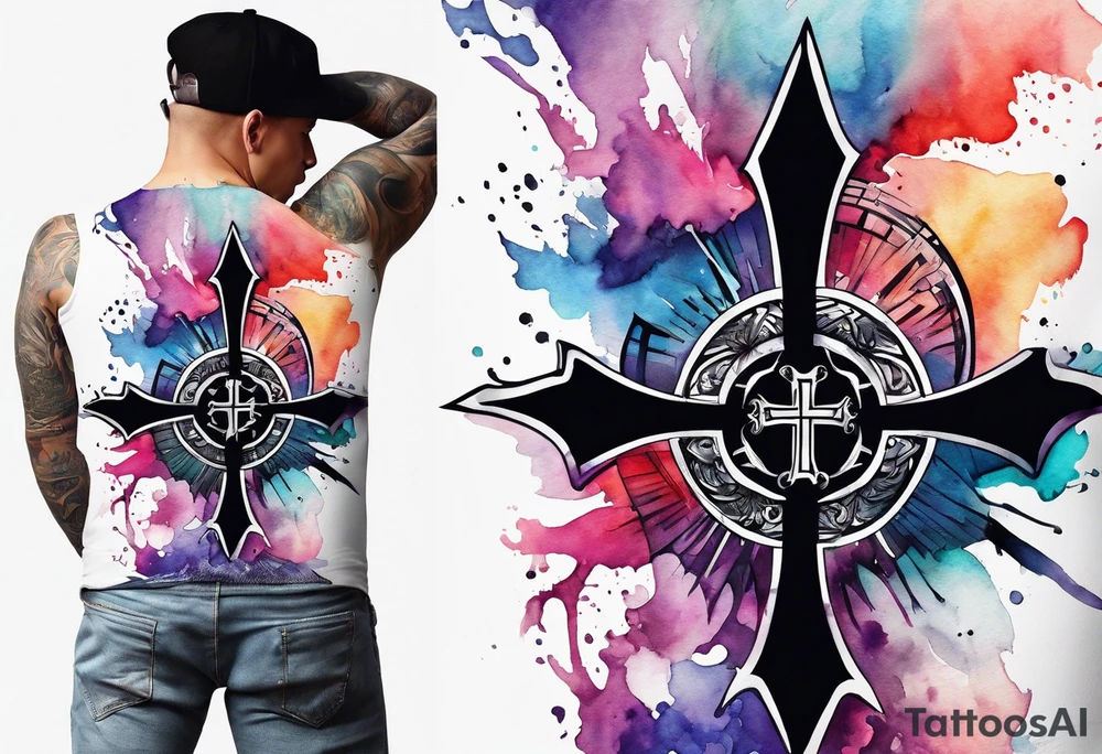 black stroke cross with watercolor backgound tattoo idea