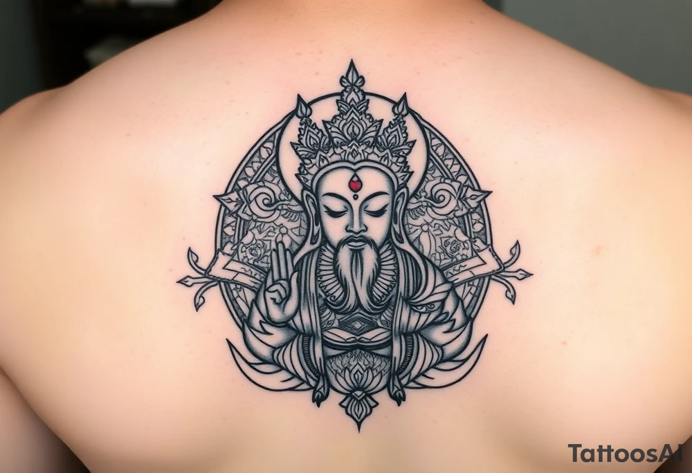 "Tibetan thangka tattoo but deity is a crypto wallet with QR face. Geometric patterns, black/red ink." tattoo idea