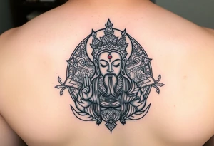 "Tibetan thangka tattoo but deity is a crypto wallet with QR face. Geometric patterns, black/red ink." tattoo idea