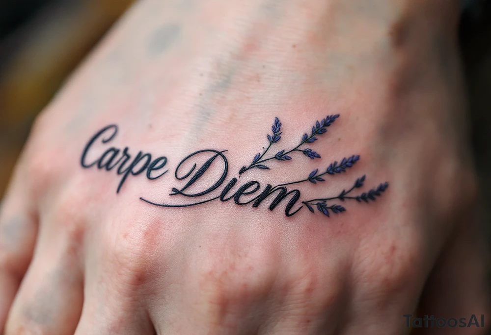 Fine-line cursive "Carpe Diem" in charcoal gray, with lavender sprigs entwined around the letters. tattoo idea