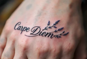 Fine-line cursive "Carpe Diem" in charcoal gray, with lavender sprigs entwined around the letters. tattoo idea