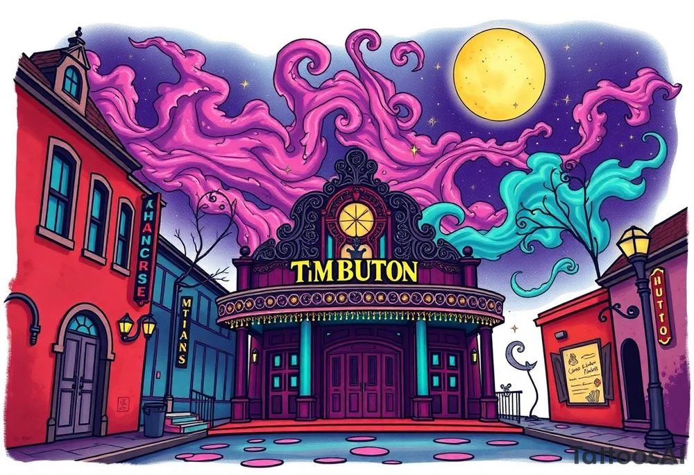 Tim Burton’s famous theatre from outside view is the street abandoned and dripping with muted reds, dusty pinks, and eerie green glow purple and cyan smokey clouds swirl and dance in the moonlit night sky filled with twinkling stars  tattoo idea tattoo idea