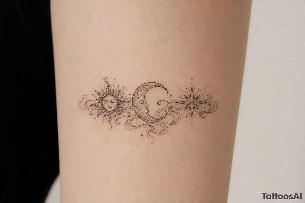 Sun, Moon, and Rising Star in the same red stencil aesthetic, with the smoke weaving through and overlapping each celestial symbol so they feel like a cohesive set for sternum placement. The Rising Star specifically incorporates the same flowing ribbon effect you liked in the Moon and Sun references. tattoo idea