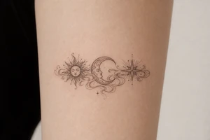 Sun, Moon, and Rising Star in the same red stencil aesthetic, with the smoke weaving through and overlapping each celestial symbol so they feel like a cohesive set for sternum placement. The Rising Star specifically incorporates the same flowing ribbon effect you liked in the Moon and Sun references. tattoo idea