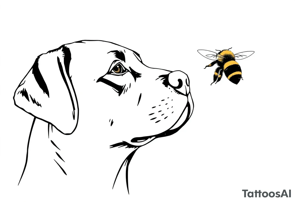 brown lab looking up at a bumble bee like it’s almost about to sniff it but they’re not touching. all black ink and fine line. tattoo idea