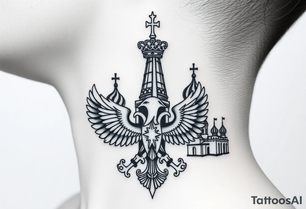 St. George 
3 russian imperial crowns above the Russian coat of arms double eagle
Russian sabre
The Kremlin or St. Basil's Cathedral scene 
on the side of my neck tattoo idea