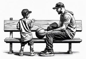 man handing a basketball to kid on a bench tattoo idea