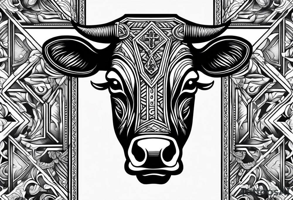 leather  detail with cow tag and cross sleeve tattoo idea