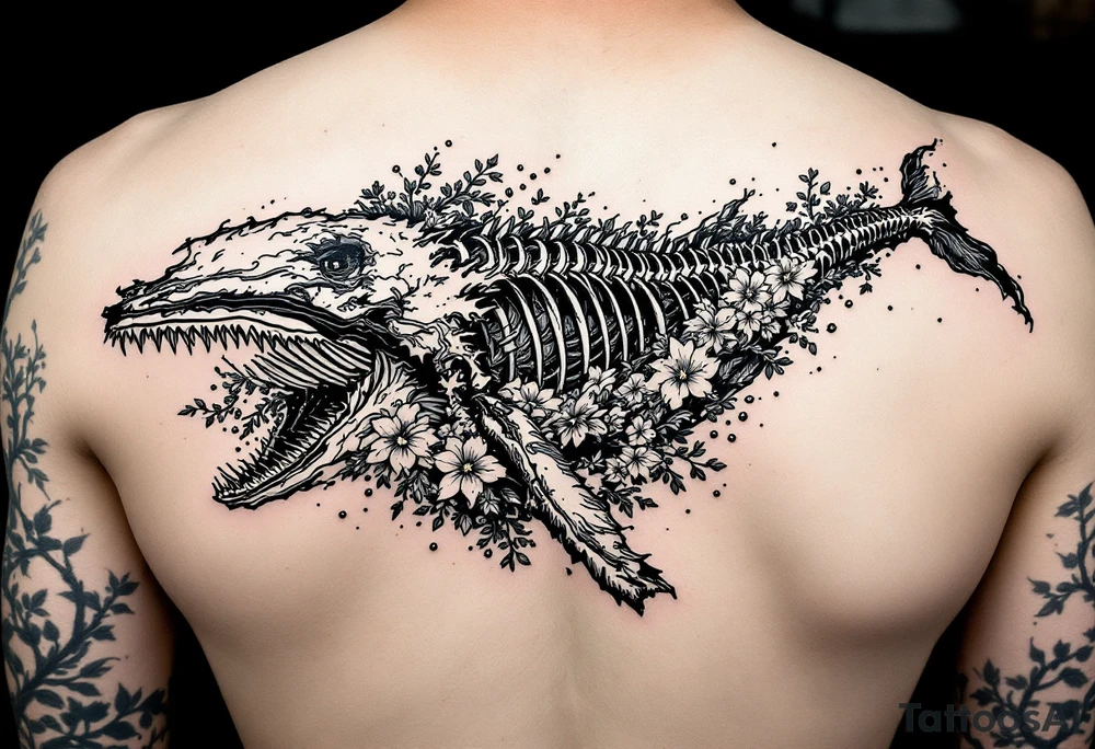 idea is basically a whale that's damaged and torn exposing the skeletal innerts, but it's still fiercely moving forward as hard as it can, swimming in waves and a bed of flower. contrasts, focus cherry blossoms, waves and fire tattoo idea
