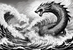 thor fighting sea serpent in the ocean during a hurricane tattoo idea