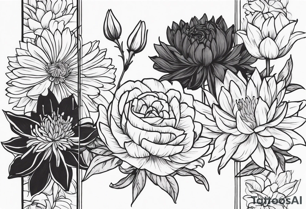 Asters, roses, lillies, and chrysanthemums in a long line tattoo idea