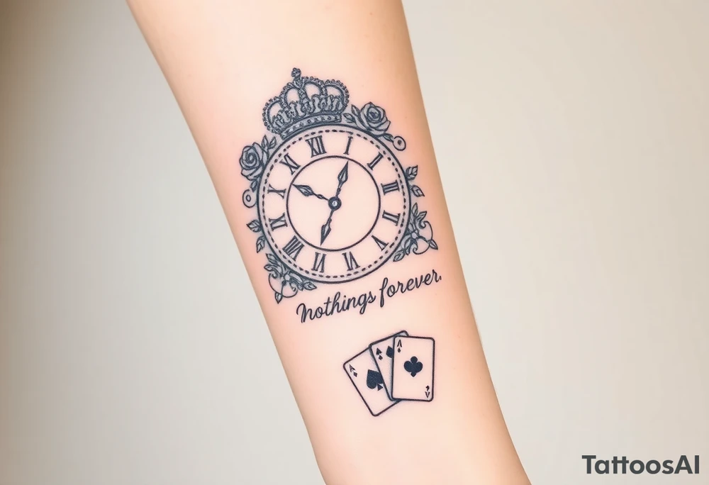 Roman clock with roses and a crown,  a quote that says nothings forever. and on the bottom a deck of cards tattoo idea