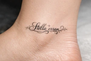 Stella erran, and then beautiful calligraphy cursive on the inner ankle and then beautiful calligraphy cursive on the inner ankle tattoo idea