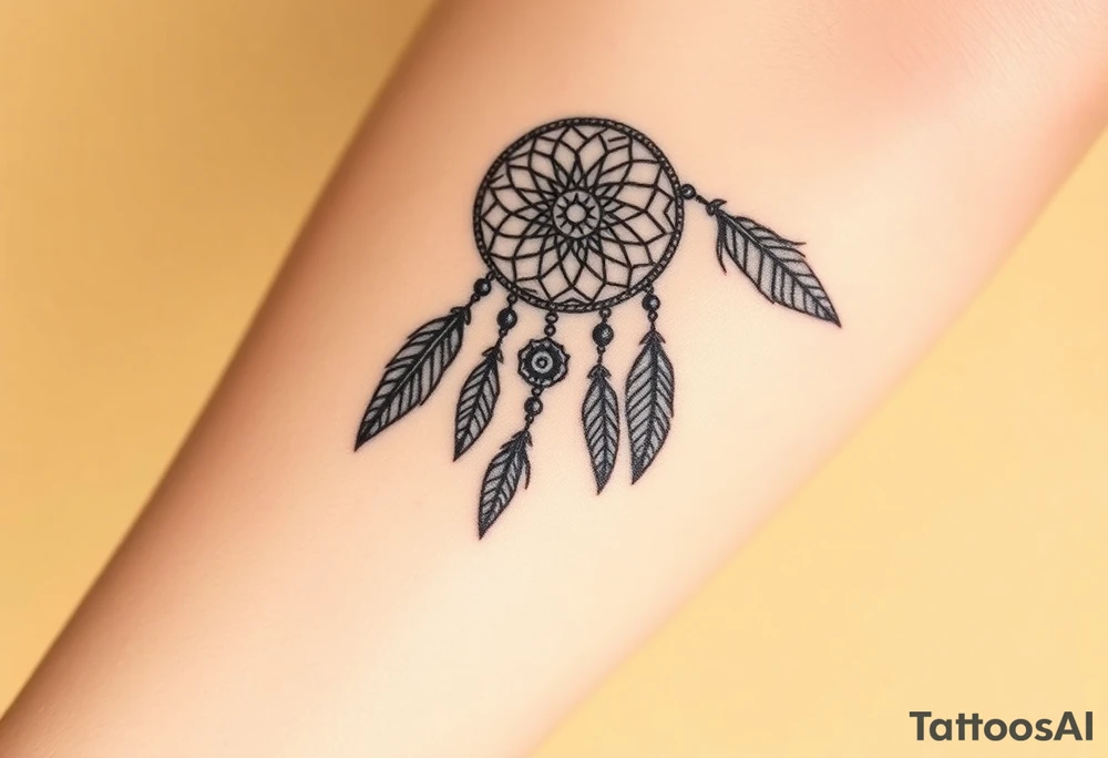 native dreamcatcher with flowing feathers and sacred beads tattoo idea