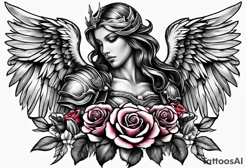 Angel in armor with colored roses tattoo idea