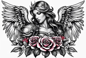 Angel in armor with colored roses tattoo idea