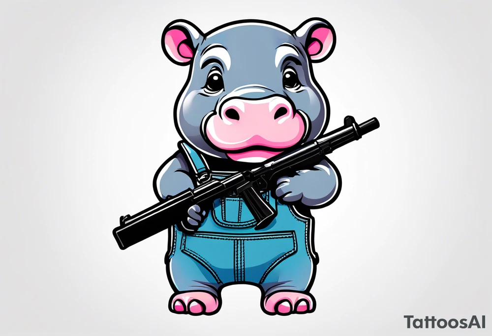 Baby hippo wearing overalls and holding a gun tattoo idea
