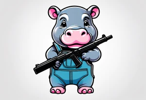 Baby hippo wearing overalls and holding a gun tattoo idea