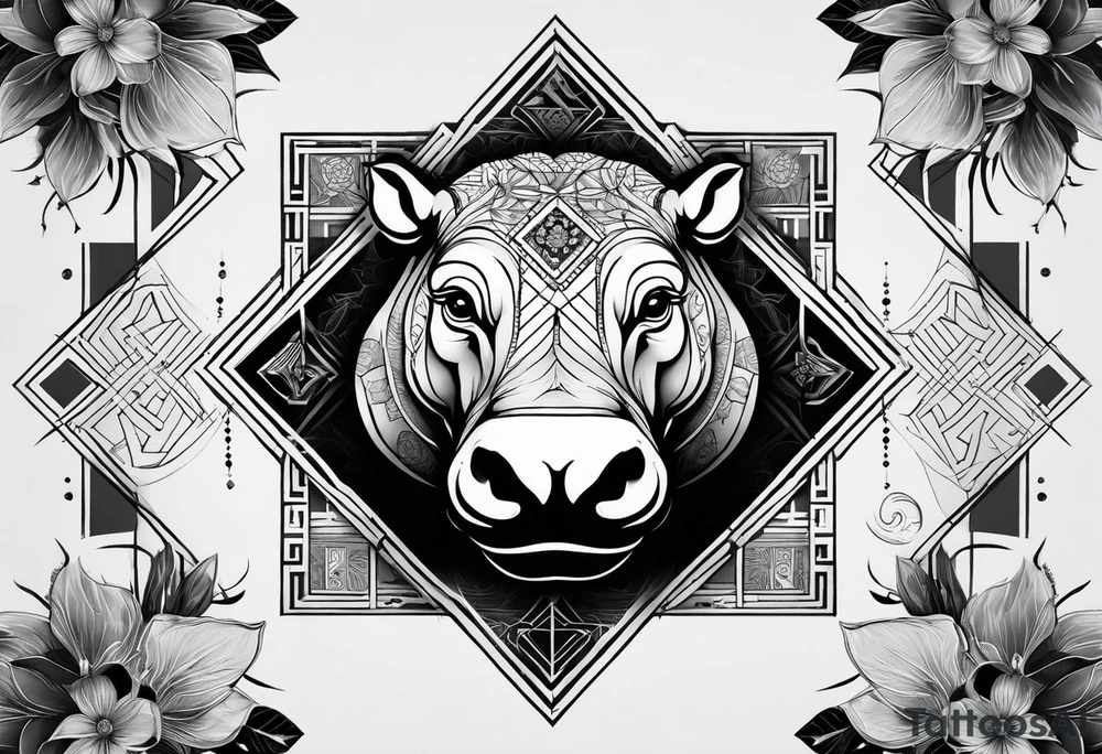 Very asymmetrical, +geometric pattern, with realistic full moon, with hippo at side look, +tribal, +geometric, +inkart , +blackwork, +grey scale, + sketch
with wintersweet flower bud, +inkart touch, +for men tattoo idea