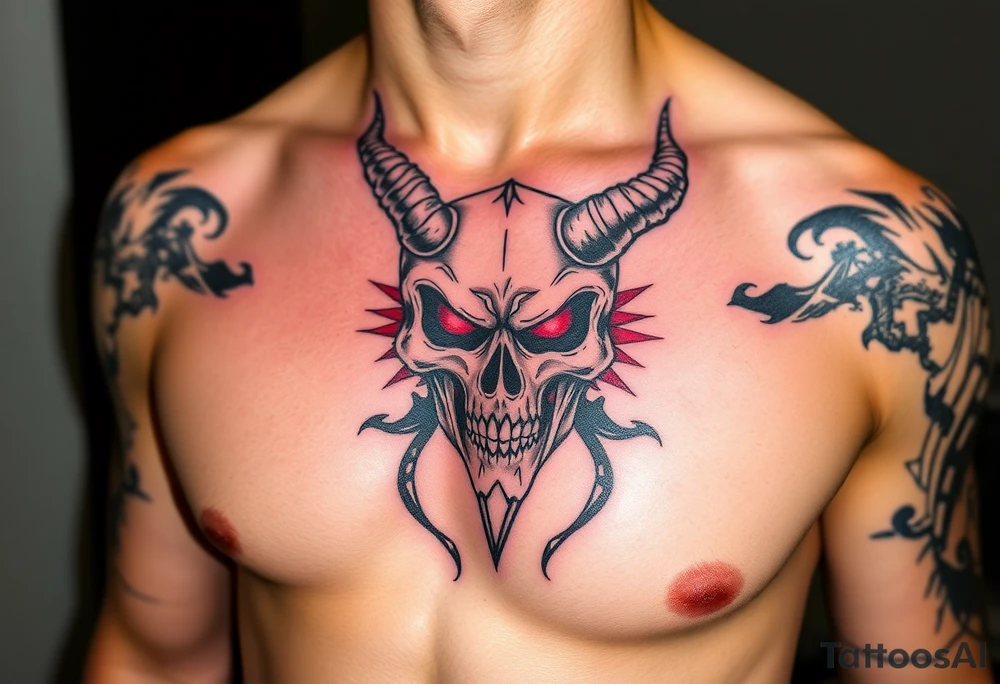 Demon skull black and red on left chest male tattoo idea