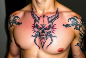 Demon skull black and red on left chest male tattoo idea