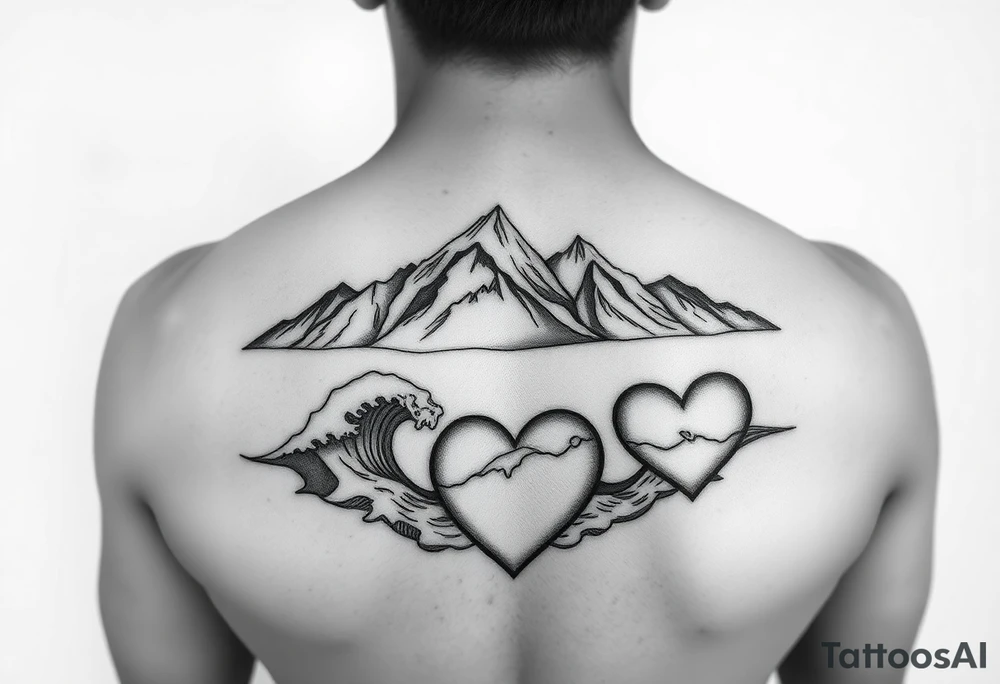 Mountain, ocean and hearts couples tattoos tattoo idea