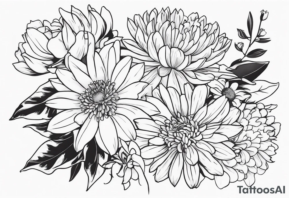 Asters, roses, Lillies, chrysanthemums in a long line tattoo idea