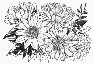 Asters, roses, Lillies, chrysanthemums in a long line tattoo idea