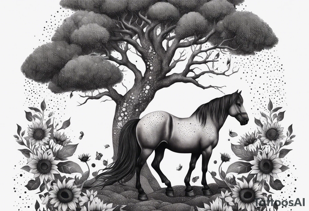 Yggdrasil tree, horse, sunflower tattoo idea
