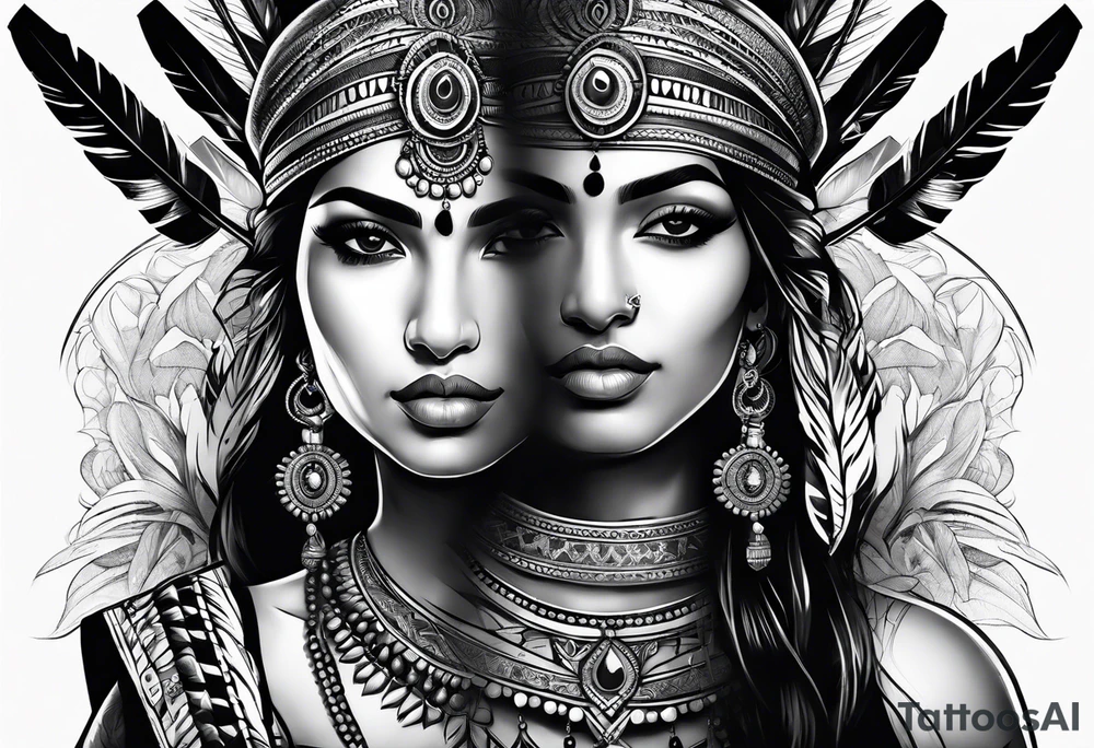 tribal indian couples with bow and arrows tattoo idea